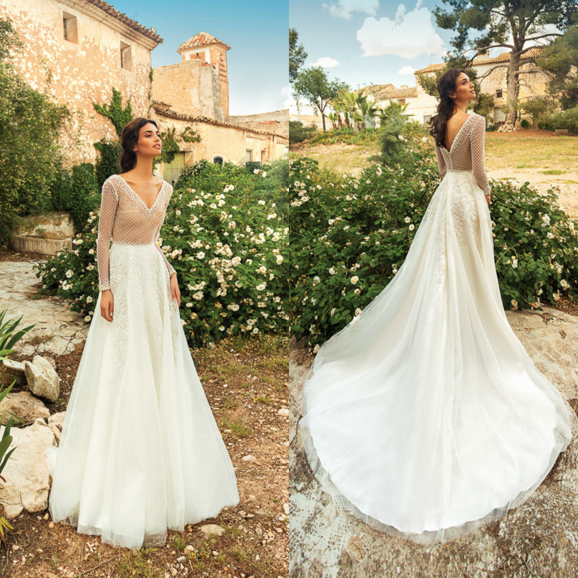 

2020 Luxurious Wedding Dresses V Neck Long Sleeve Lace Applique Bridal Gowns Custom Made Backless Sweep Train A Line Wedding Dress, Ivory