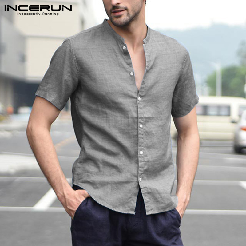 

INCERUN Summer Fashion Short Sleeve Men Shirt Stand Collar Solid Color Tops Streetwear Camisa Masculina Men Casual Brand Shirts, Blue shirt