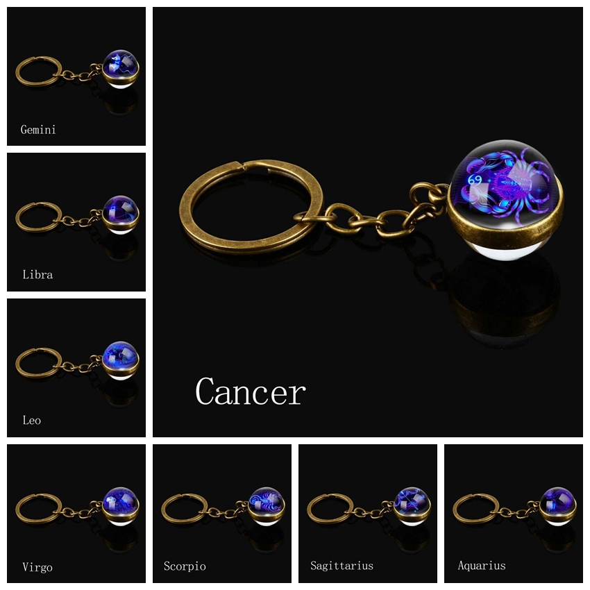 

12 Constellation Signs Keychain Aquarius Pisces Aries Taurus Gemini Cancer Leo Libra Scorpio Double Side Glass Ball Keychain