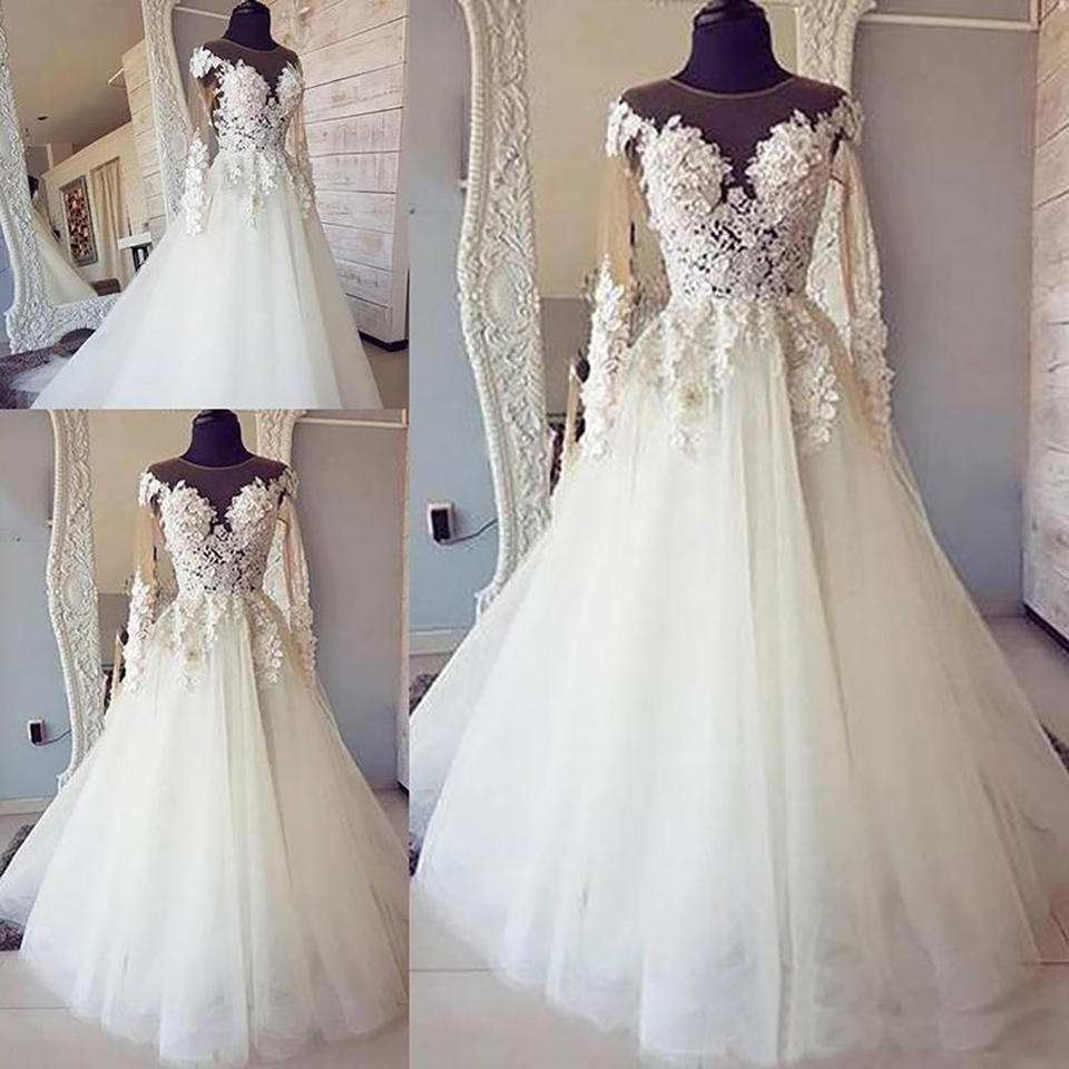 Long Sleeves Lace Ball Gown Wedding Dress Plus Size Sheer Neck Country Bridal Dress vestidos de novia