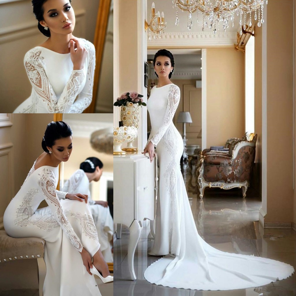 

2020 Modest Satin Mermaid Wedding Dresses Long Sleeves Lace Applique Beaded Sweep Train Boho Wedding Dress Bridal Gowns Plus Size, Champagne