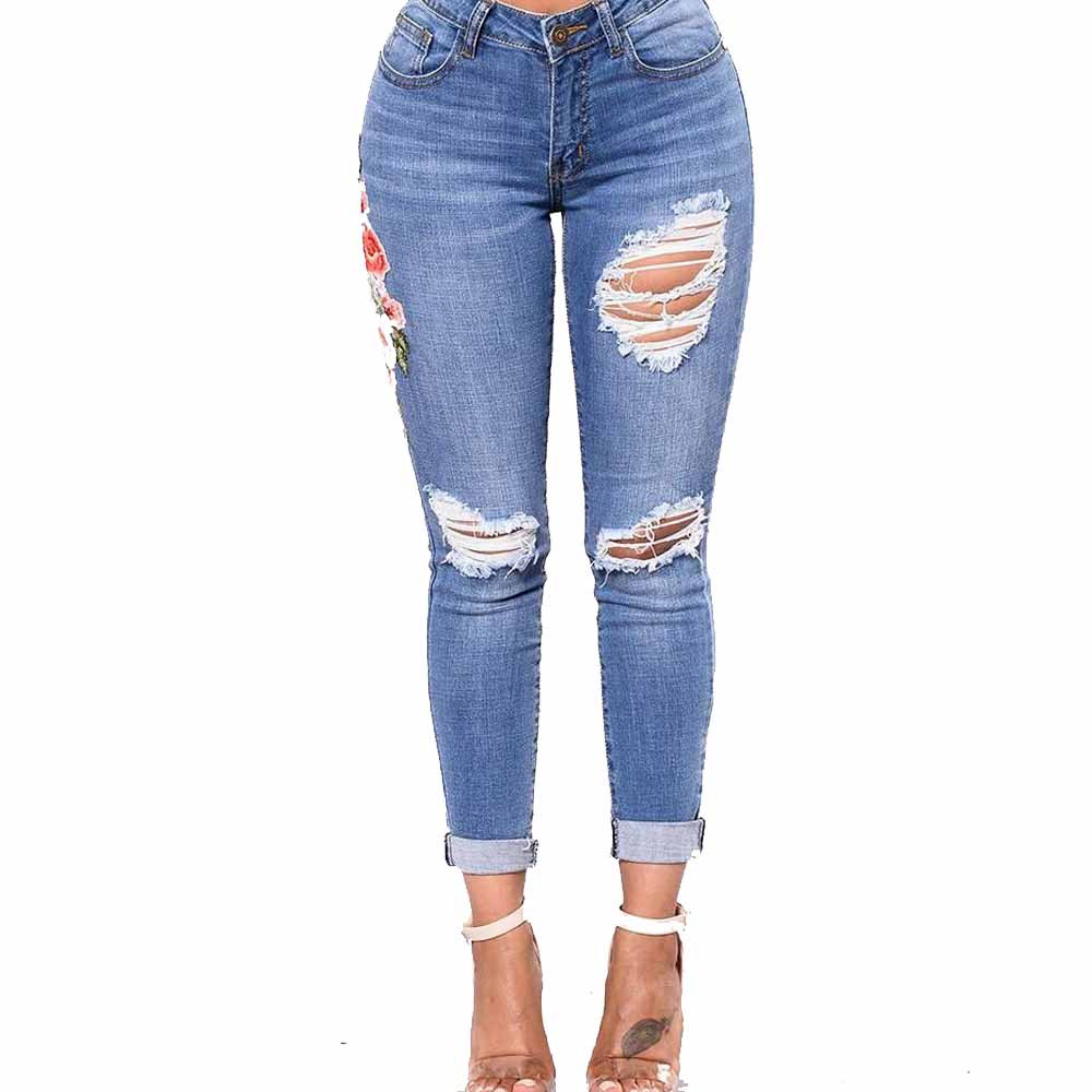 

Womens Jeans Skinny Slim Trousers Corner Embroidered Small Feet Elastic jeans-woman, As pic