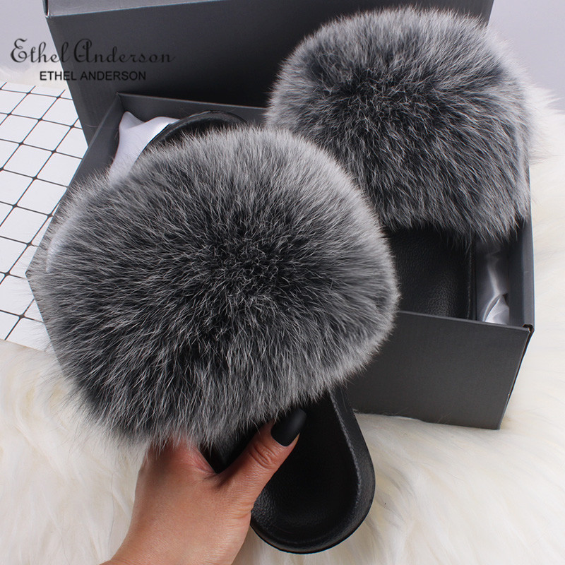 

Ethel Anderson Fluffy Slippers Real FOX Fur Slides Indoor Flip Flops Casual Shoes Woman Raccoon Fur Sandals Vogue Plush Shoes, Black