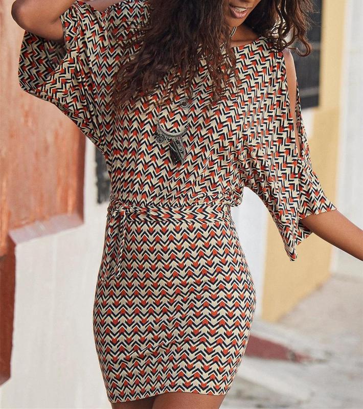 

Casual Dresses Sheath Bodycon Mini Dress Print New Fashion O-neck Sashes Batwing Hollow Out Sleeve Sexy Beach Summer Women Half, 002