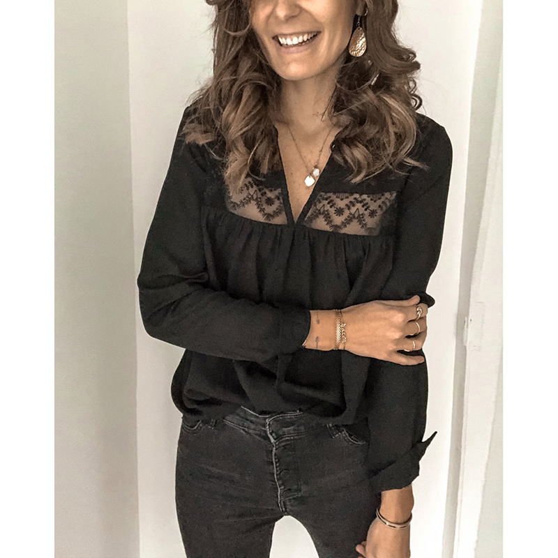 

Spring Sexy Lace Blouse Spring Mesh Transparent Tops Women Fashion V Neck Blouses Harajuku Long Sleeve Shirt Black White SJ5307V