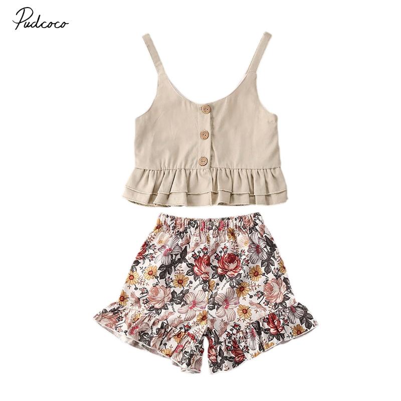 

Newborn Infant Baby Girls Summer Ruffles Sleeveless Casual Vest Tops+Flowers Print A-Line Skirts 2pc Set 1-5Y, Beige