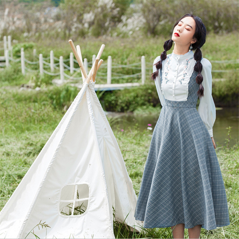 

Vintage Mori Girl Women Plaid Dress Korean Style Embroidery Retro Elegant Long Maxi Dresses Boho Female Vestidos Ropa Mujer, Picture color