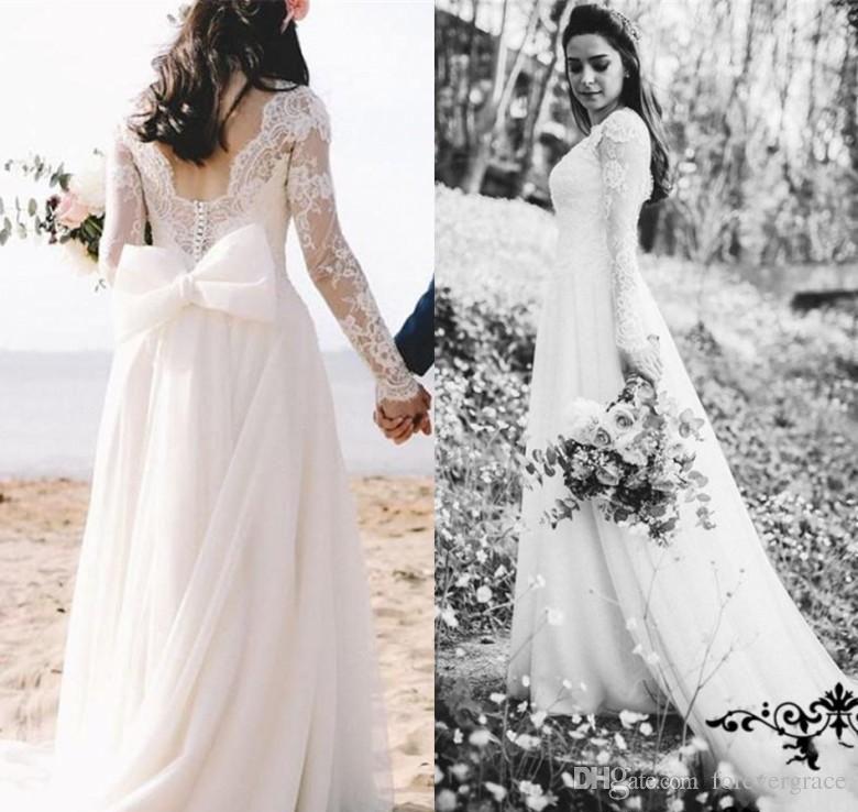 

2019 Summer Boho Beach Long Sleeves Wedding Dress With Bow Sash Back Bridal Gown Jewel Neck Lace Appliqued Plus Size Custom Made, Silver