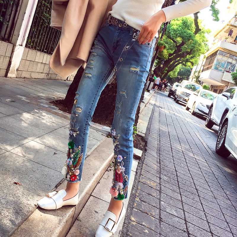 

Crystal Beading Diamond Jeans Femme Pants Stretch Blue Jeans Female Luxury Cotton Woman Denim Pencil Pants