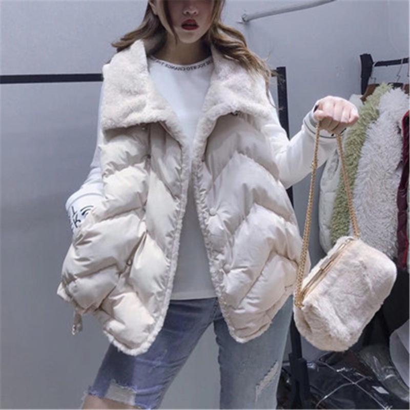 

2020 Lambs Wool Stitching Vest Women Waistcoat Loose Warm Down Cotton Vest Voat Women Autumn Winter Sleeveless Jacket, Beige