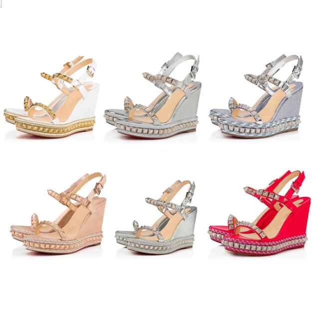 

Summer 2020 Red Bottom Wedges Sandal Pyraclou Cataclou Studs Espadrille Wedge Platform Sexy Women Lady Gladiator Sandals High Heels, Black