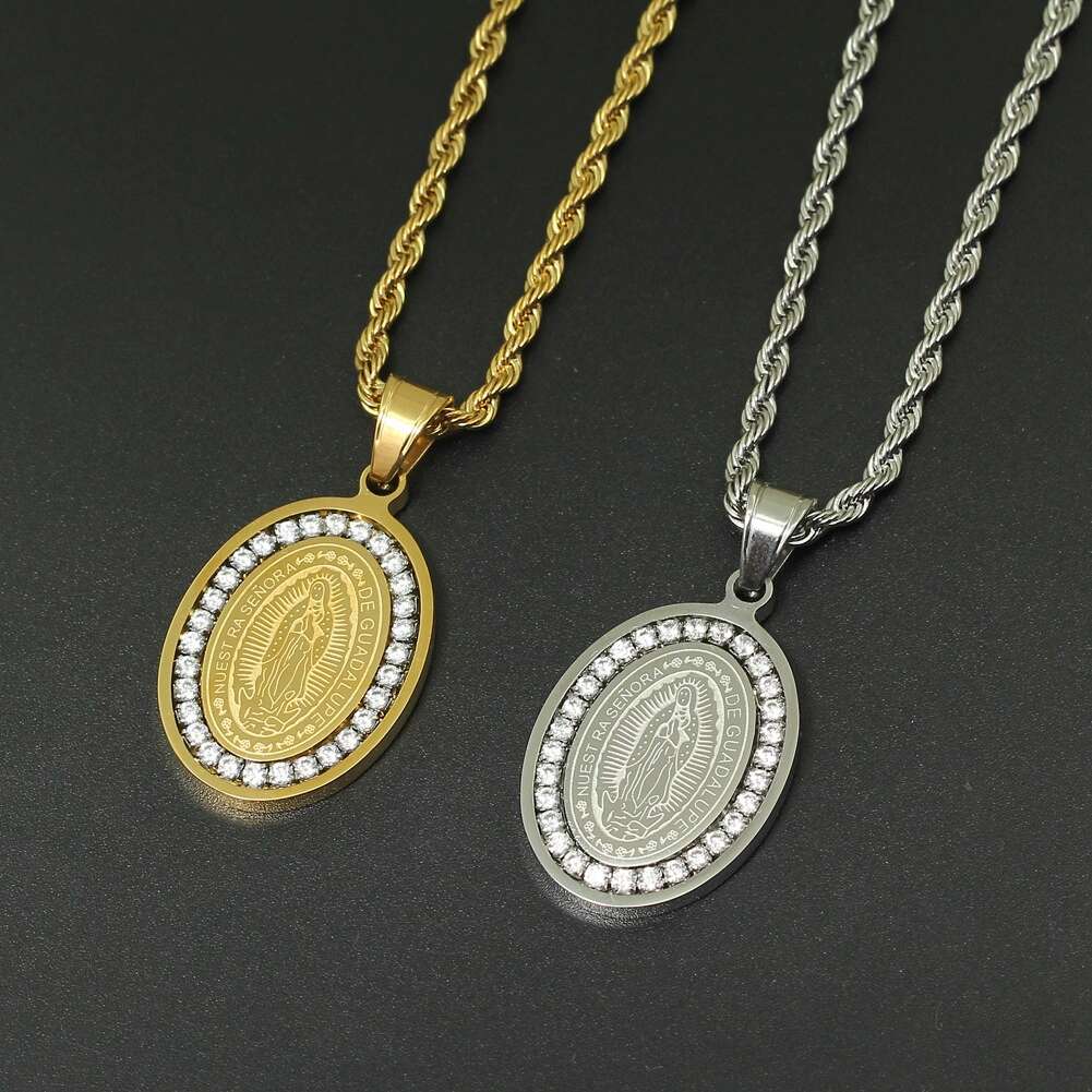 

Fashion-Virgin Mary diamonds pendant necklace for men women Religious Christian gold silver luxury pendants Stainless steel chains