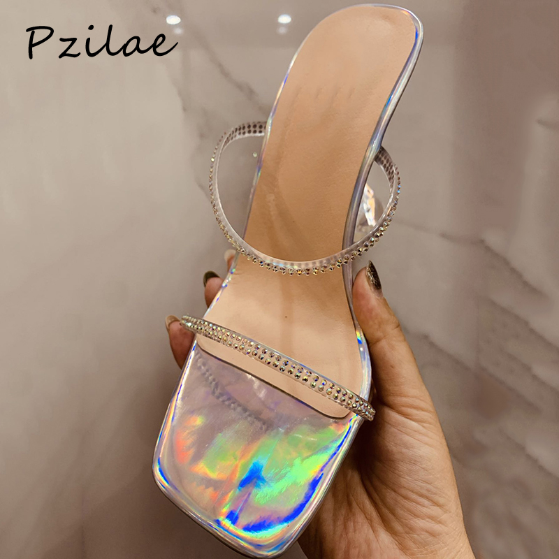 

Pzilae women slippers 2020 new fashion square toe rhinestone strap high heels wedding shoes crystal clear heel mules shoes women, Silver