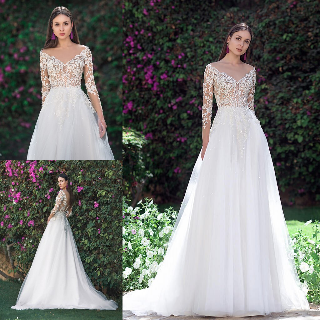 

Newest A Line Oksana Wedding Dresses V Neck Long Sleeveless Tulle Lace Applique Sequins Wedding Gowns Sweep Train robe de mariée, Khaki