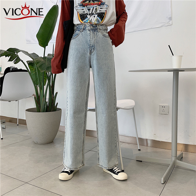 

VICONE Loose Straight Jeans Female Show Thin High Elastic Waist Pants, Blue