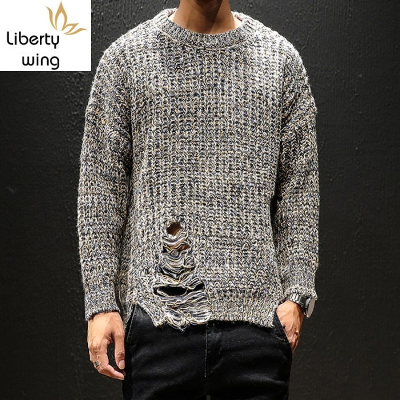 

2020 New Fashion Mens Slim Fit Sweaters Casual Cotton O-Neck Knitted Long Sleeve Hole Ripped Pullover Sweater Male 5XL
