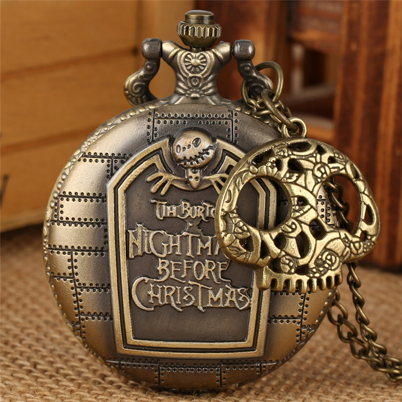 

Steampunk Bronze Skull Accessory the Nightmare Before Christmas Quartz Pocket Watch for Men Women Necklace Chain Timepiece Clock Best Gift