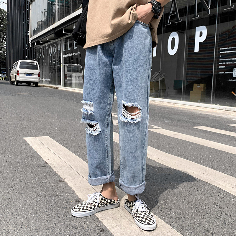 

Ins port ripped jeans men's CEC loose straight tube water wash dad wide leg summer 9-point beggars' pants, Blue