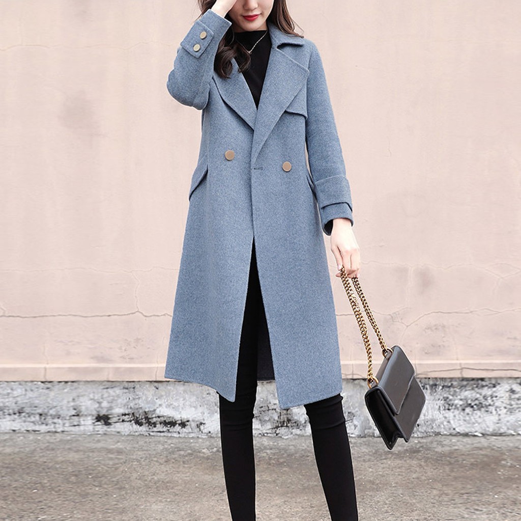 

Feitong Elegant Winter Women Work Solid Vintage Winter Office Turn Down Collar Long Sleeve Button Woolen Jacket Coat, Black