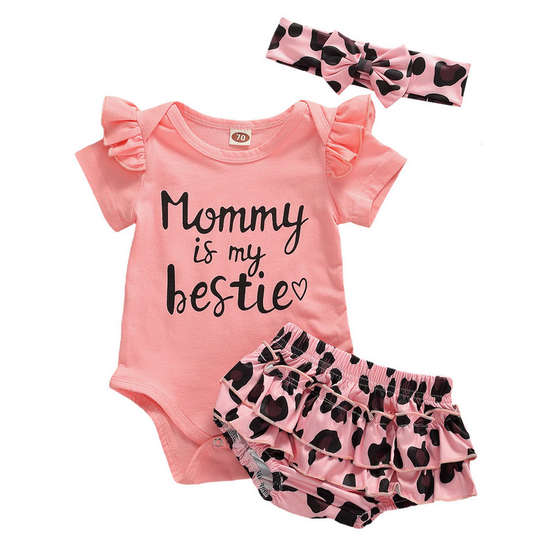 

Newborn Infant Baby Girls Clothes Ruffle Tops Jumpsuit Romper + Leopard Tutu Shorts Pants Headband Outfits Set, Pink