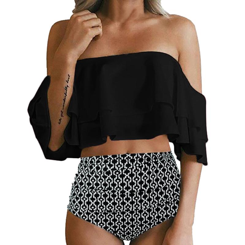 

Women's Swimming Suit Off Shoulder Ruffle Bikini Set Retro PlusSzie swimwear High Cut Brazilian Bikini biquini 2020 S-2XL