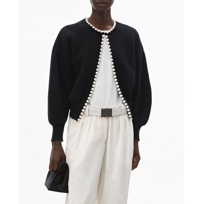 

2020 spring and summer new pearl beaded women short woolen cardigan coat, Black