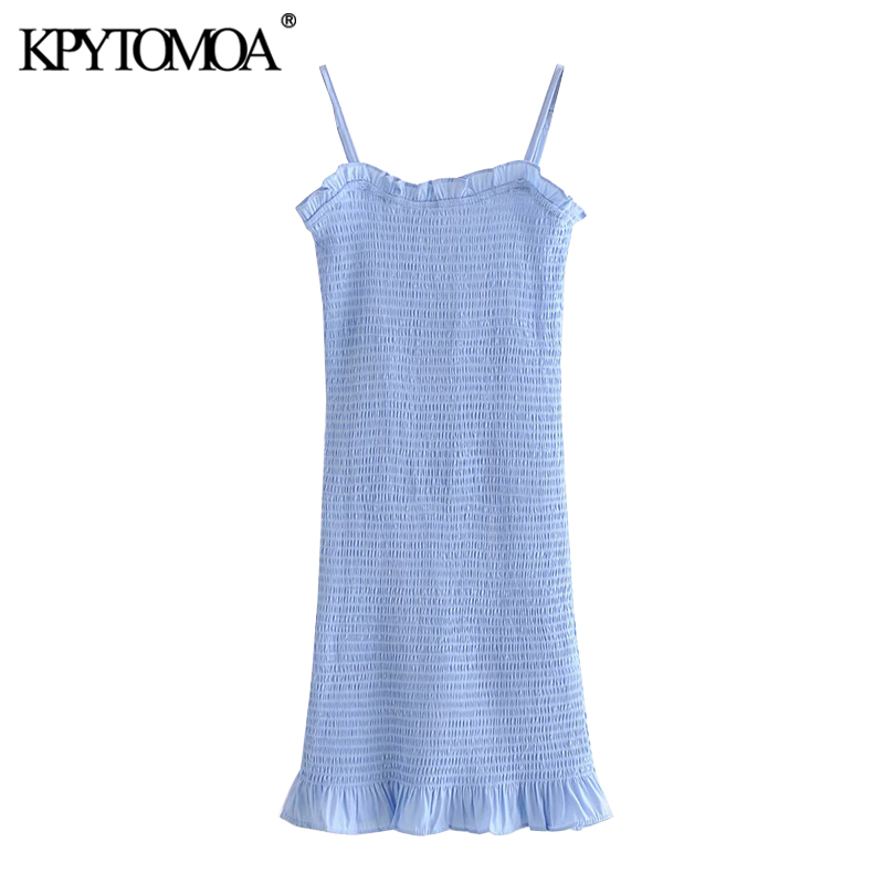 

KPYTOMOA Women 2020 Sexy Fashion Stretch Slim Ruffled Mini Dress Vintage Backless Spaghetti Strap Female Dresses Vestidos Mujer, Black