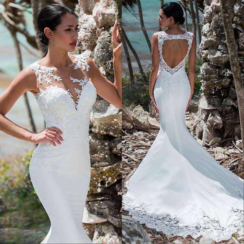 

White Lace Appliqued Illusion Back Boho Wedding Gowns robes de mariée sirène Long Train Open Back Mermaid Bride Dress, Pink