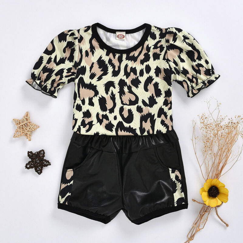

2020 Fashion Kids Baby Girl Clothes Summer Sets Leopard Tops T-Shirt Leather Shorts 2Pcs Children Girl Streetwear Outfits 1-5Y, Black