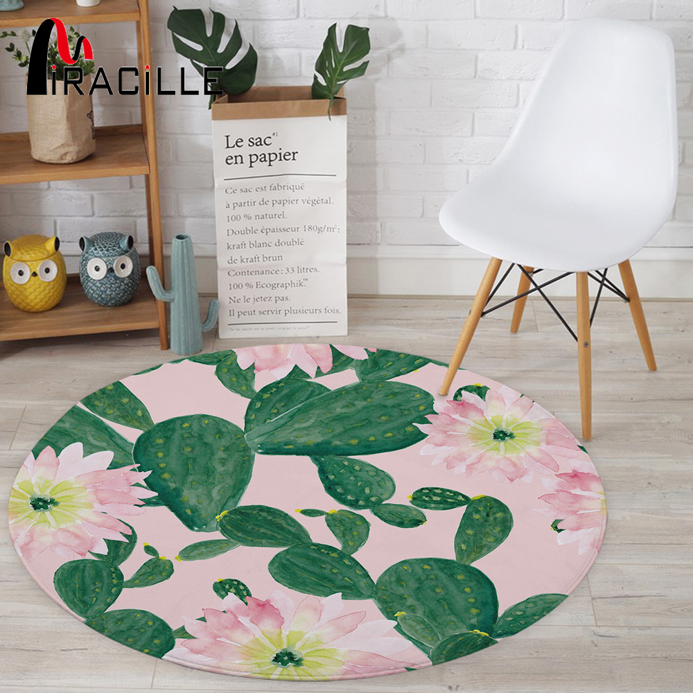 

Miracille Cactus Potted Printing Coral Velvet Round Floor Mats Living Room Table Carpets Colorful Anti-Slip Bedroom Decor Rug
