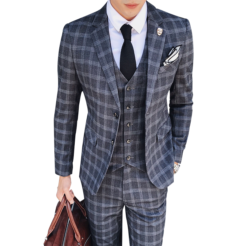 

2019 Fashion Vintage Plaid Suits 3 Piece Tweed Suits Mens Grey Blue Male Wedding Costume Slim Fit