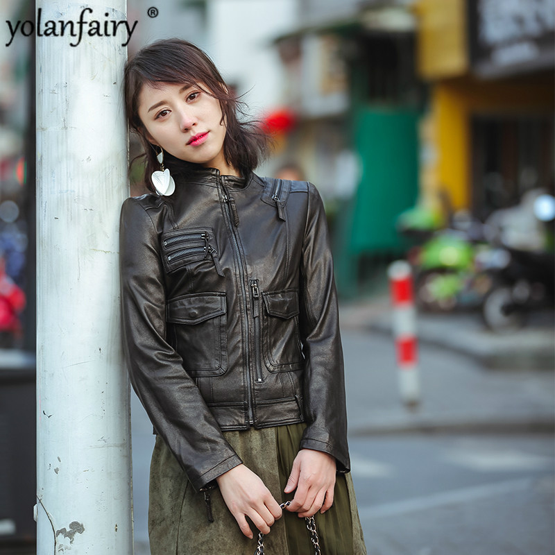 

Women' Real Leather Jacket Short 100% Sheepskin Coat Women 2020 Spring Motorcycle Biker Jacket Korean Slim Fit QBL-03 KJ4151, Black
