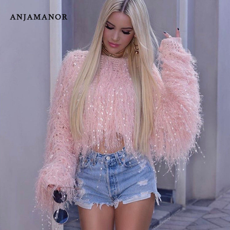 

ANJAMANOR Neon Fringe Female Crop Oversized Sweater Knitted Pullover Fashion Clothes Women Winter Tops Tassel Jumper D48-AI33, Blue