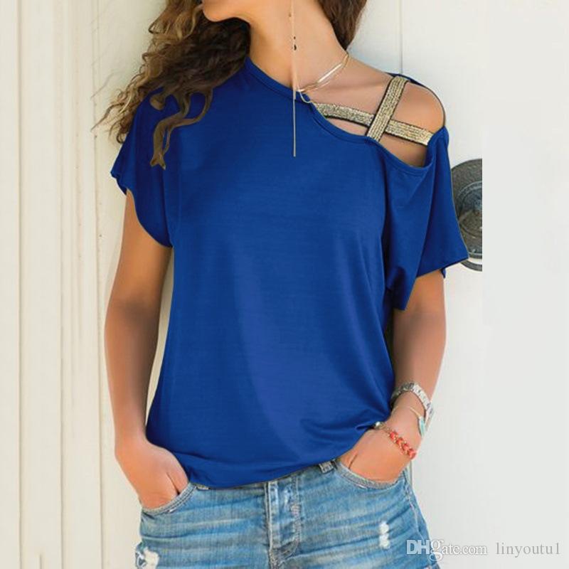 

2020 S-5XL Women Skew Neck Irregular Criss Cross Blouse Patchwork Solid Tops One Shoulder Summer Shirt Hollow Plus Size, 2#