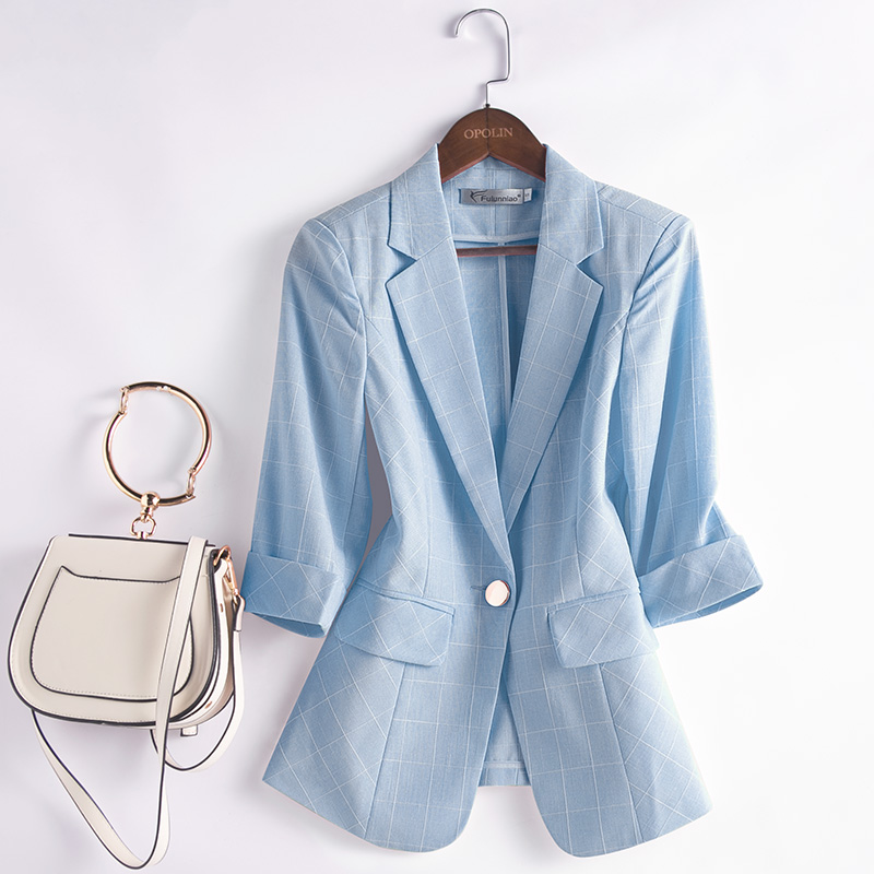 

summer women pink plaid suit Office lady Career Work Wear Slim thin suit jacket women blazers jackets plaid blazer feminino