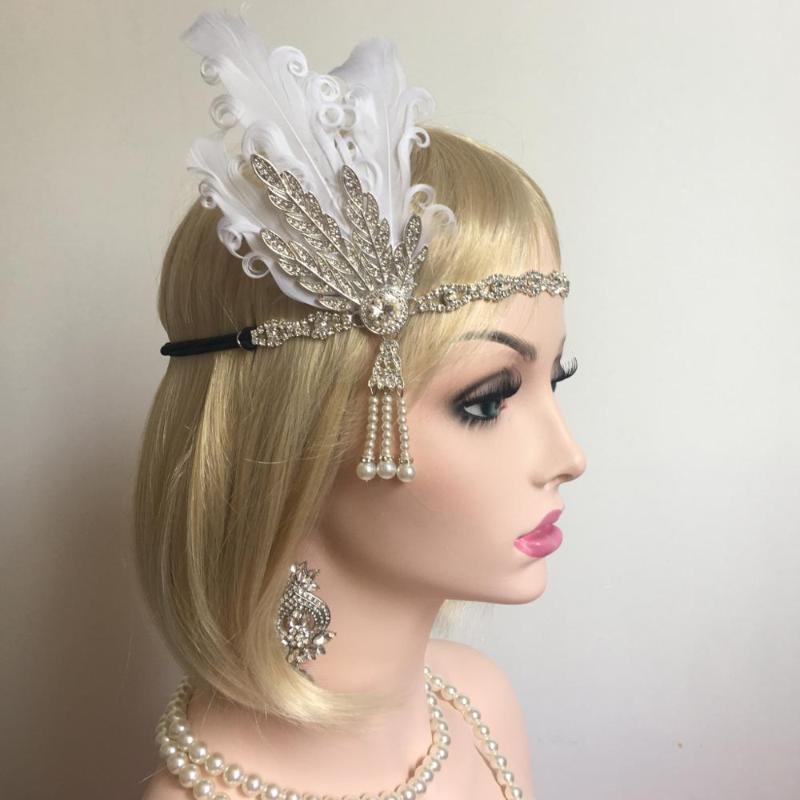 

wedding accessories 1920's Bridal Headband Flapper Bridesmaid Girls Headpiece Great Gatsby feather beaded Charleston costume