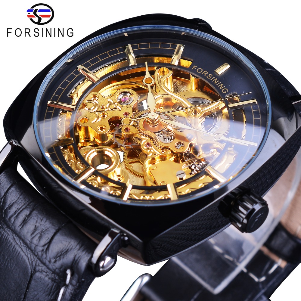 

Forsining Mens Golden Gear Movement Black Unique Square Dial Mens Mechanical Skeleton Wrist Watches Top Brand Luxury Male Clock, Slivery;brown