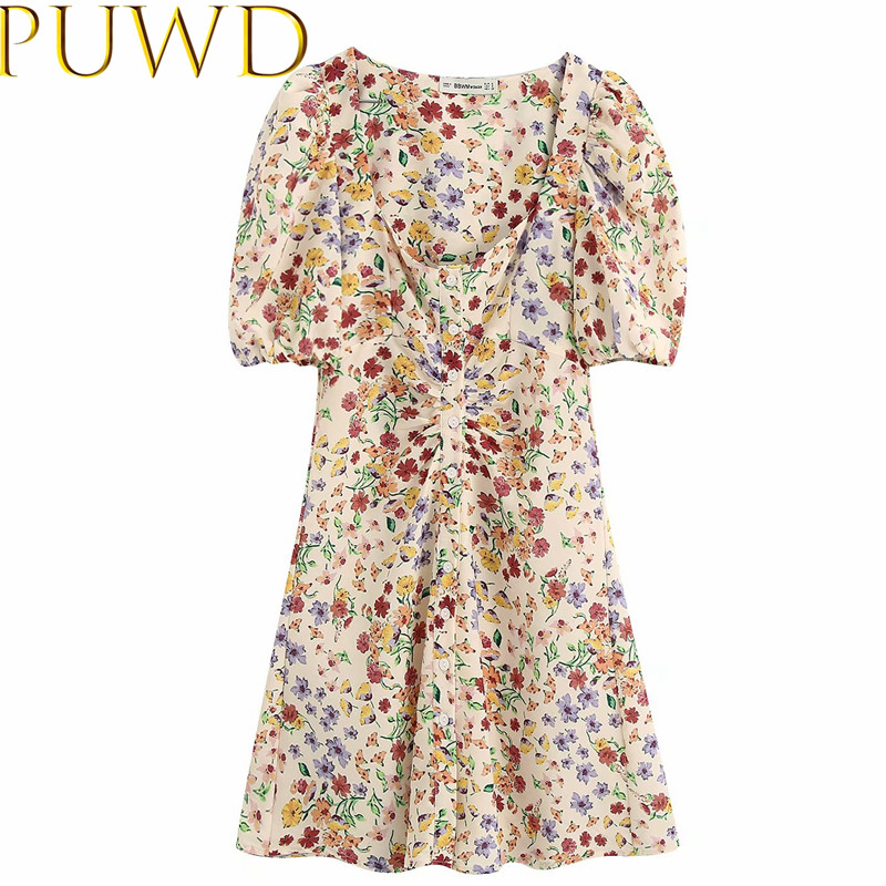

Floral print women dress 2020 summer fashion ladies square collar dresses female button dress girls chic vestidos, Beige