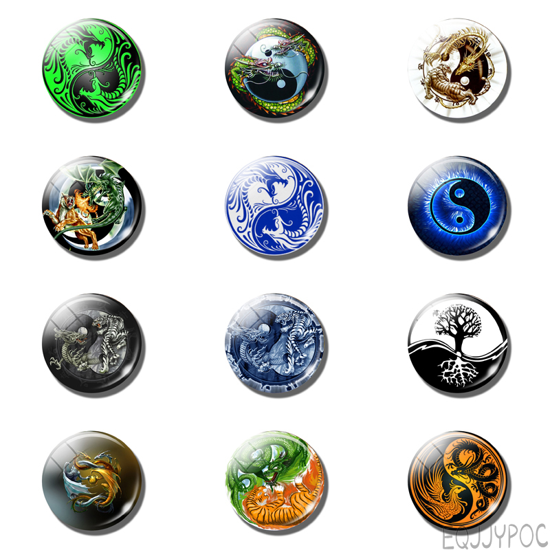 

12pcs Dragon Fridge Magnet Yin-Yang Binary System Taoist School Glass Dome 25MM 30MM Magnetic Refrigerator Stickers Home Decor