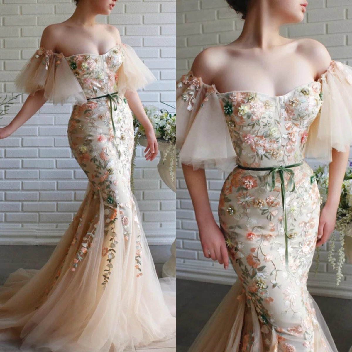 

2020 Fairy Mermaid Prom Dresses Sweetheart Lace Appliques Belt Evening Dress Custom Made Sweep Train Formal Robes De Soirée, Dark green