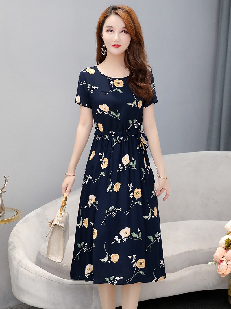 

Wholesale women's new summer short-sleeved mother dress floral cotton silk dress waist slimming long skirt, 8#