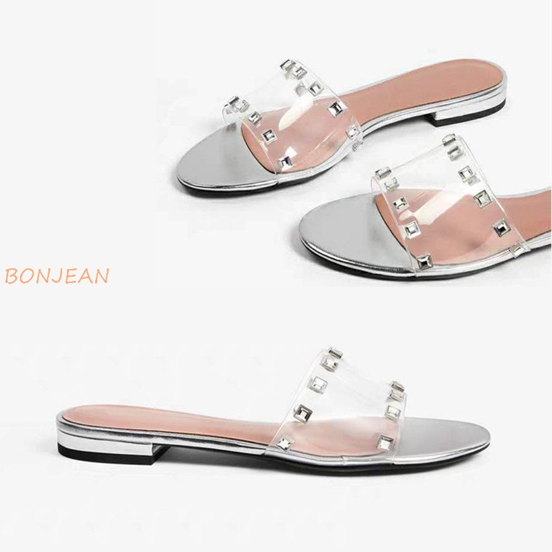 

Transparent PVC Slippers Women Summer 2020 Flat Heels Beach Casual Slides Shoes Woman Outdoor Crystal Sandals Flip Flops Muter, Silver