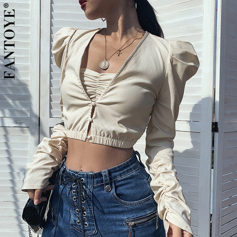

Fantoye 2020 New Black Two-piece Sexy Crop Top Vintage Puff Sleeve Bodycon Tank Tops Outfits Female Summer Slim Tops Women Cloth