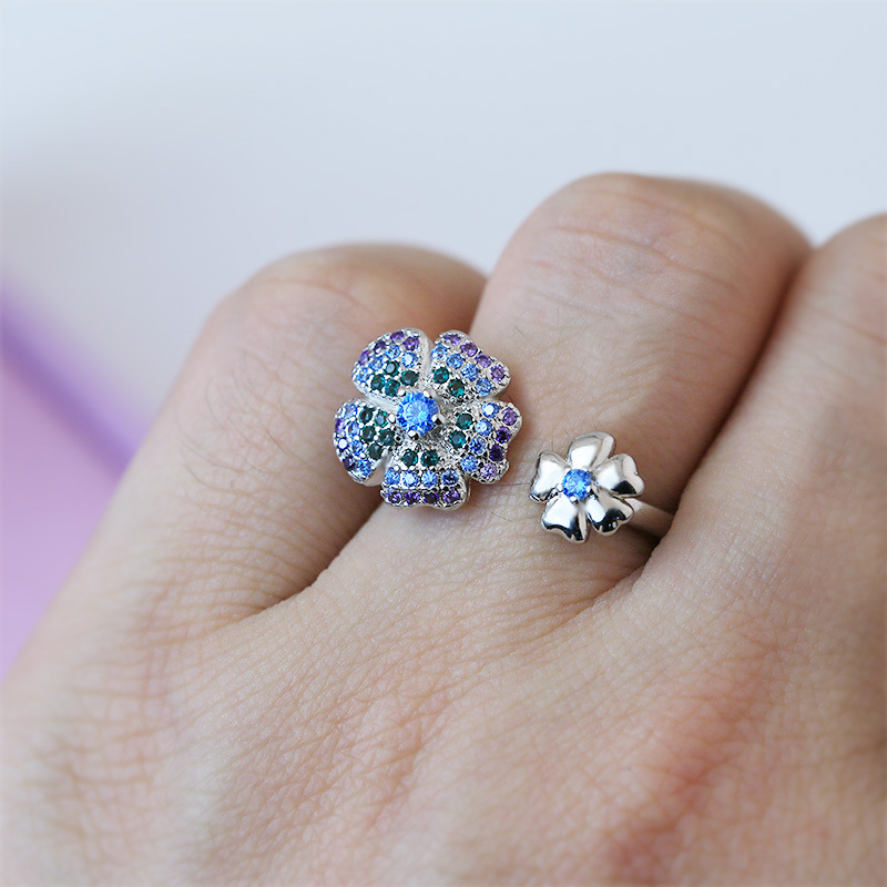 

Japanese and Korean Opening Flower Female Rings Multicolor Zircon White Gold Color Plating Rings for Women Sweet Birthday Gifts