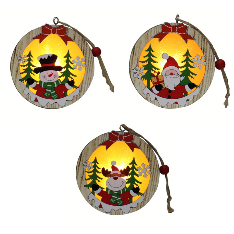

Round Wooden Frame Christmas Ornament Lamp Luminous Xmas Tree Hanging Pendant Holiday Decor