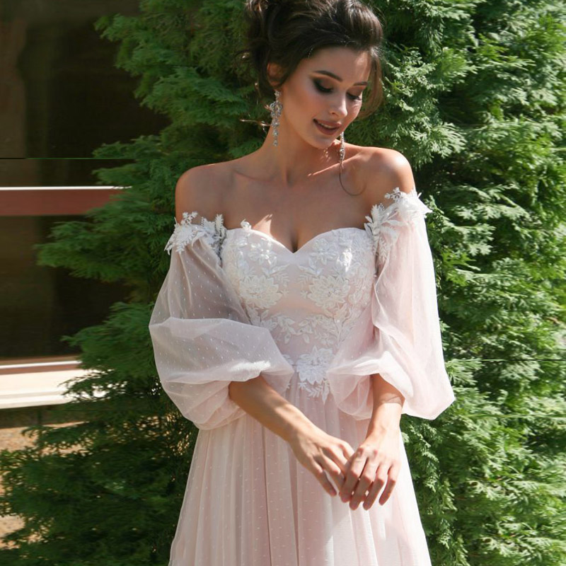 

Blush Pink White Lace Wedding Dresses Off Shoulder Puff Sleeves Ruched Dotted Tulle Romantic 2020 Bridal Gowns Vestidos De Noiva, Ivory