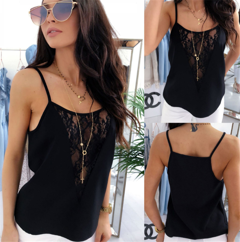 

2019 Fashion Women Black Lace Tops Sexy See Through V-Neck Vest Camisole Sleeveless Tank Top