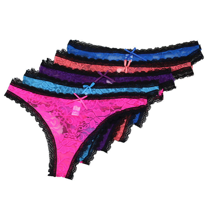 

5Pieces / Set Thongs Women Lace Thongs Sexy G-string Transparent Women G-string Double Cotton Crotch Underwear, Multi
