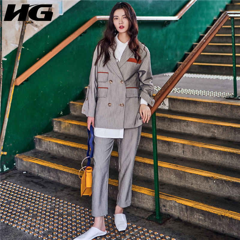 

HG] 2019 Spring New Women Turn-down Collar Full Sleeve Irregular Pocket Top Female Loose Button Ankle-length Pants LYH2850, Grey lyh2850