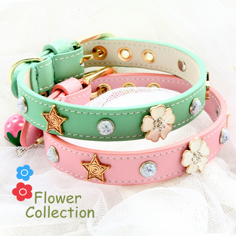 

Dog collar leather leash cat collar pet product Real calfskin oxhide cattle hide macaroon color diamond flower bow new arrival